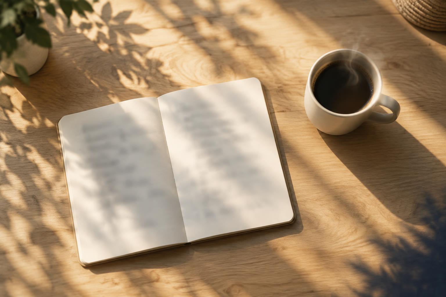 An open notebook and a mug of coffee on a pale wooden table, photographed from above