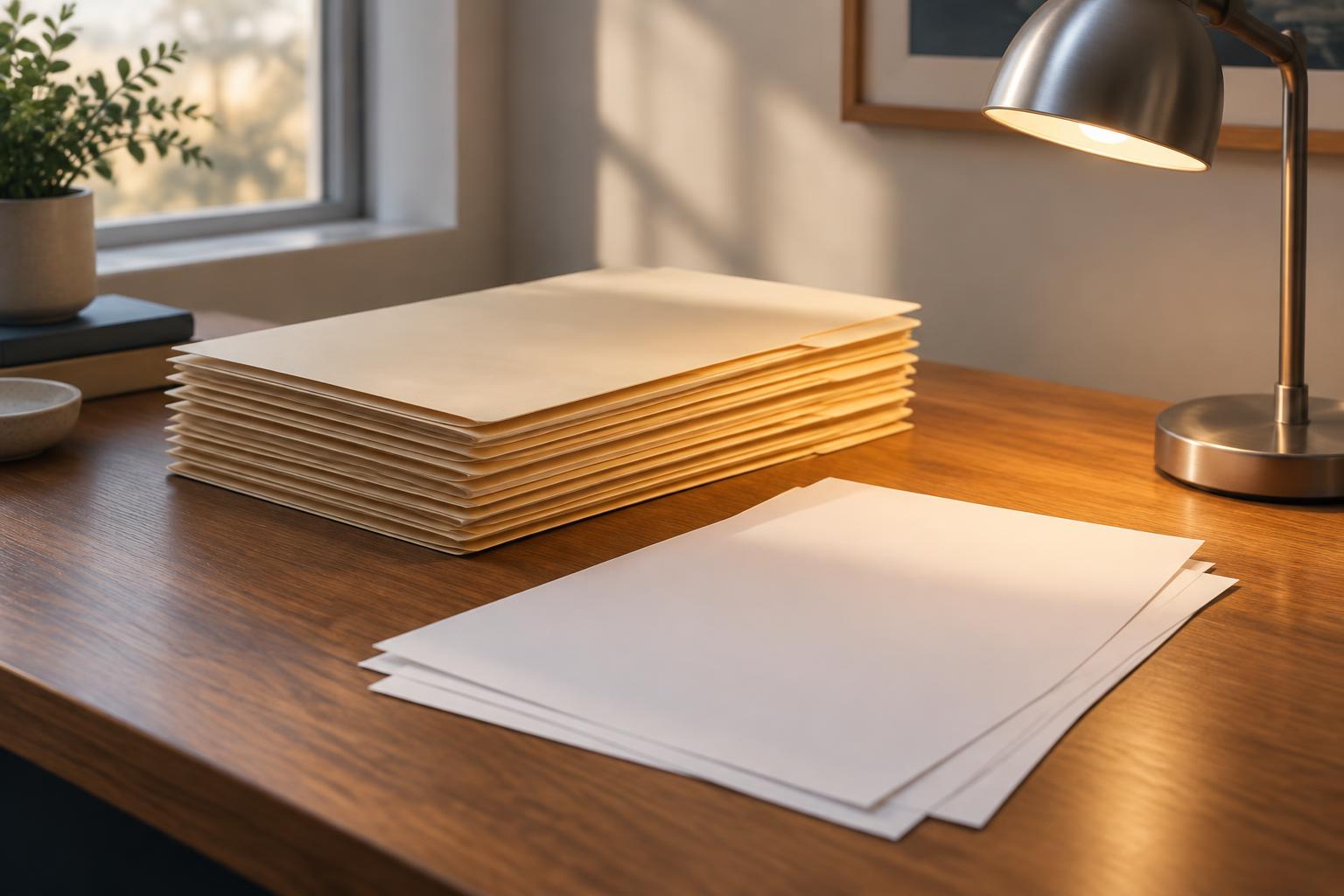 A tidy stack of manila folders and papers on a wooden desk beside a small lamp