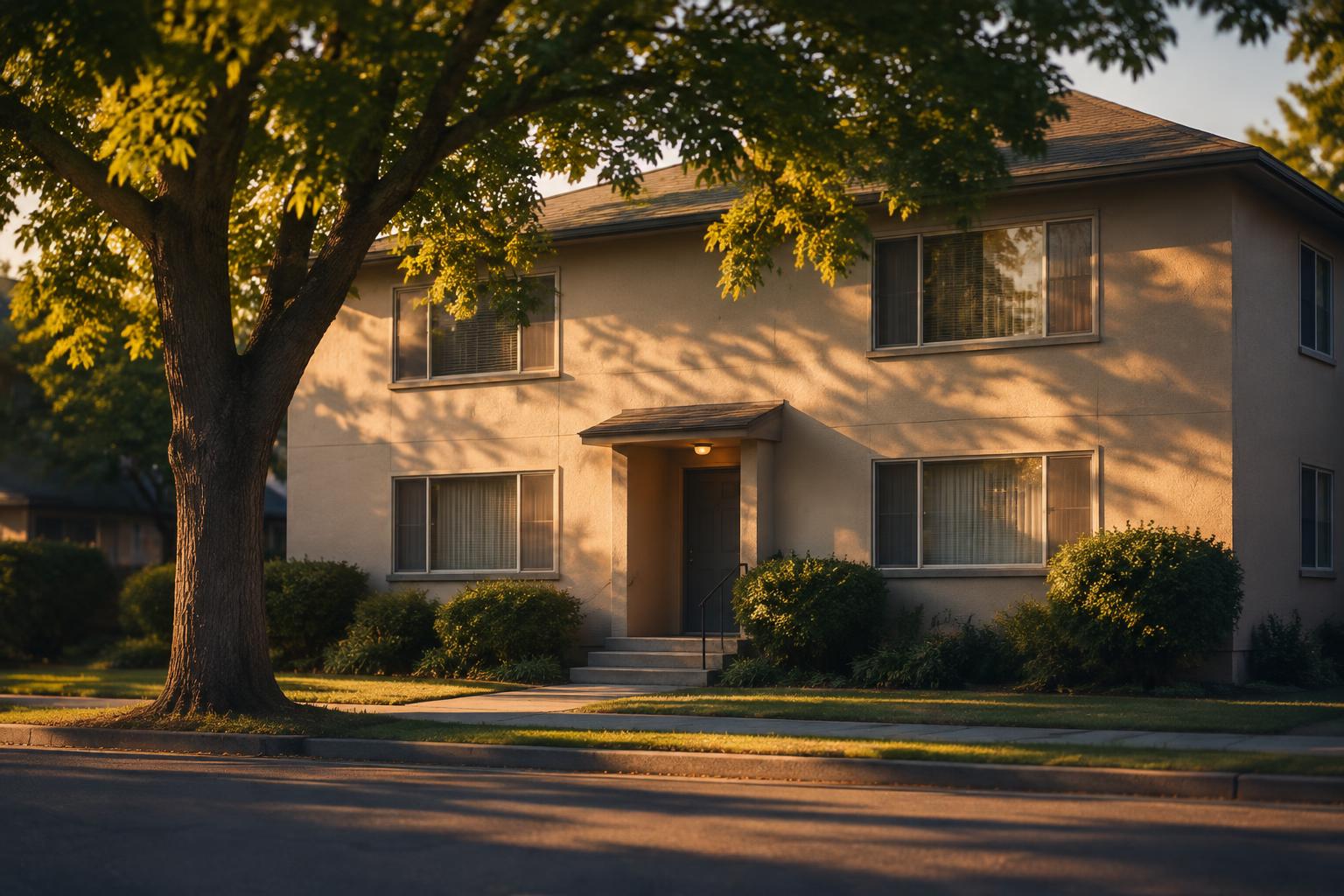 A modest two-story apartment building with a leafy tree in front, in warm evening light