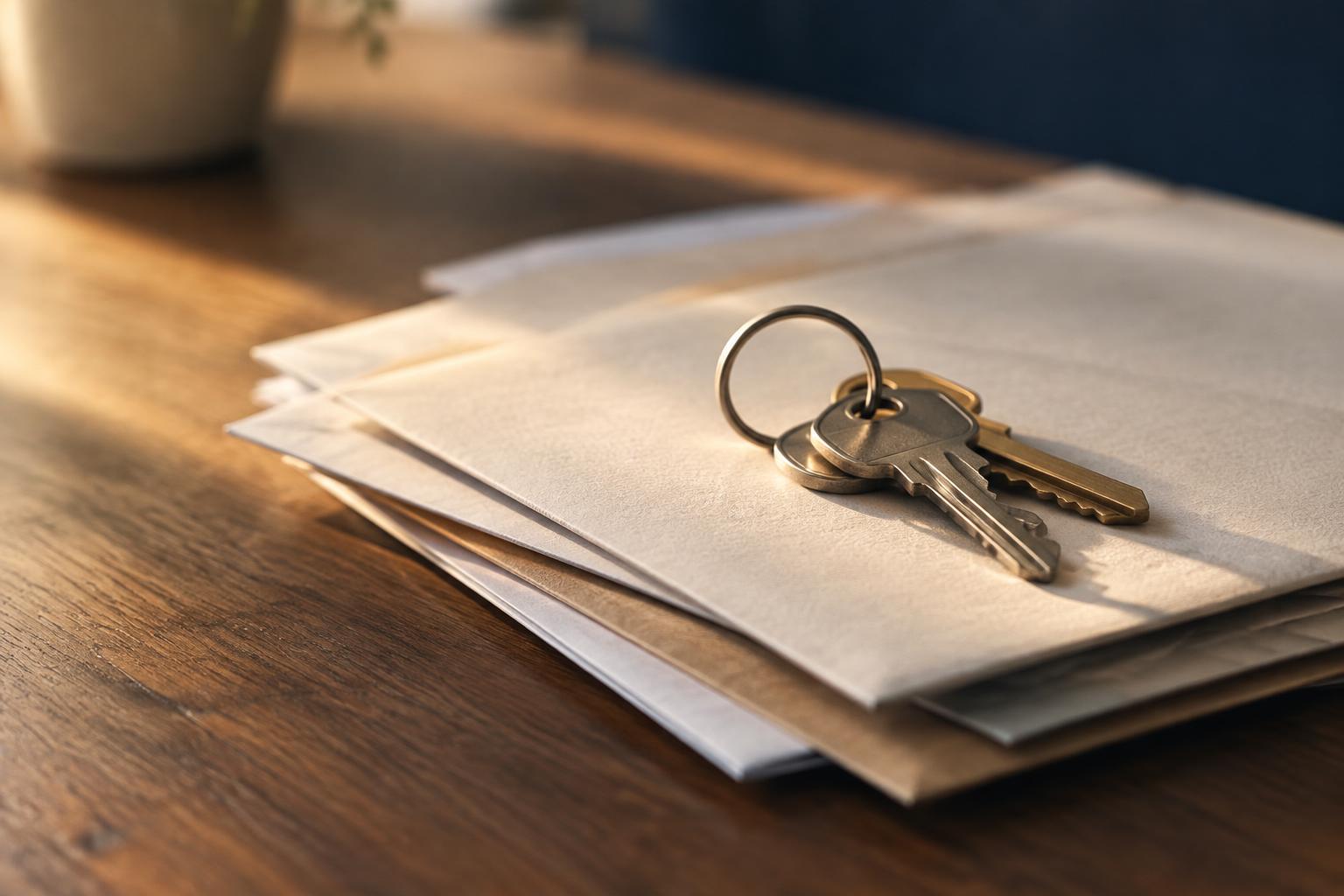A set of house keys resting on a stack of envelopes and papers