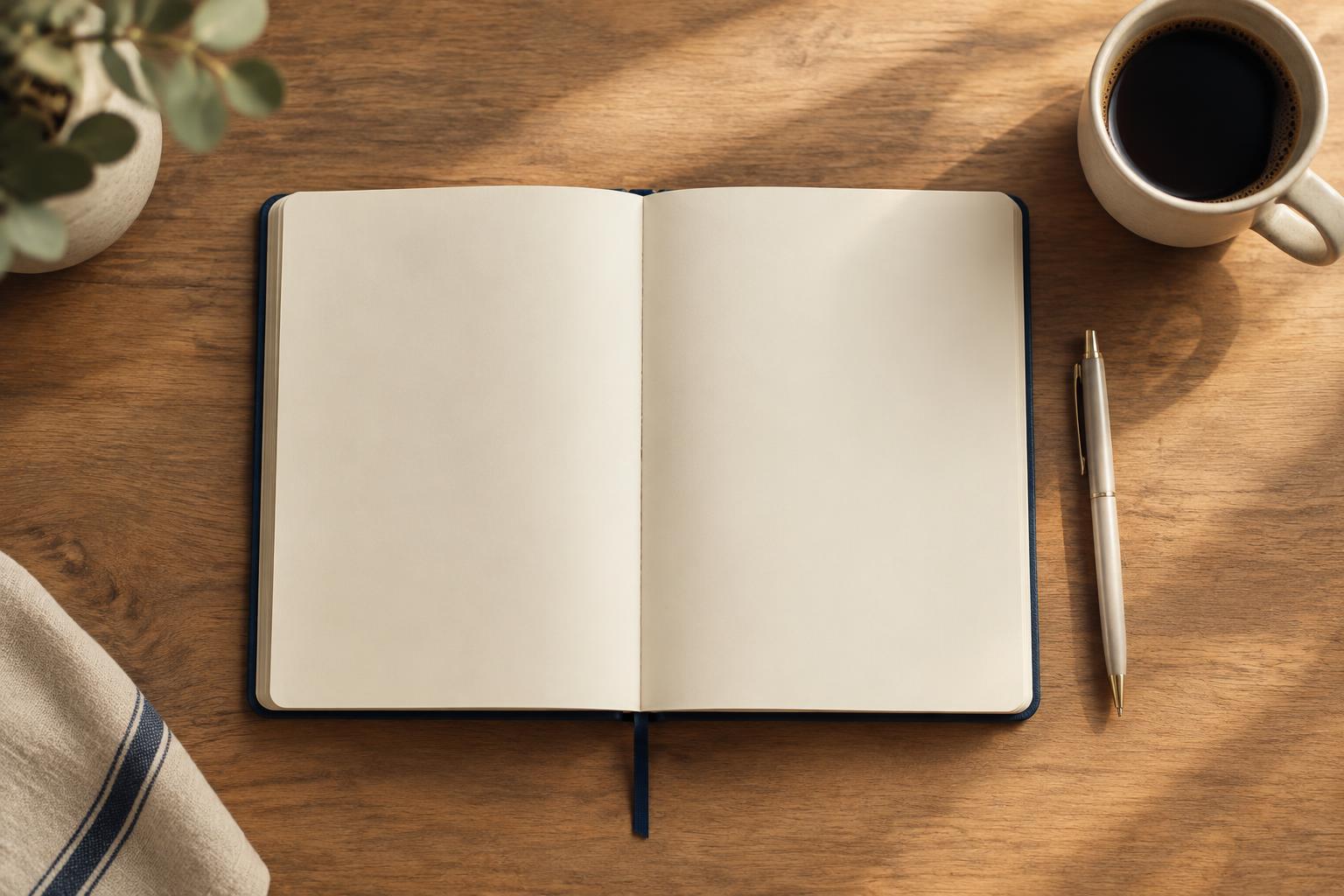 A blank weekly planner, a pen, and a mug on a sunlit wooden desk